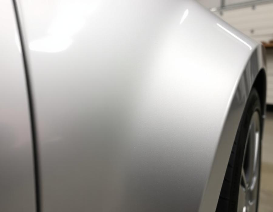 Same fender restored with flawless silver paint after repair