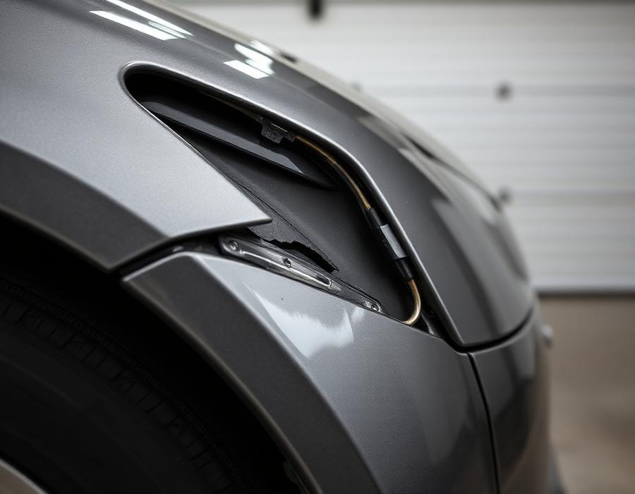 Damaged front fender with cracked panel before repair