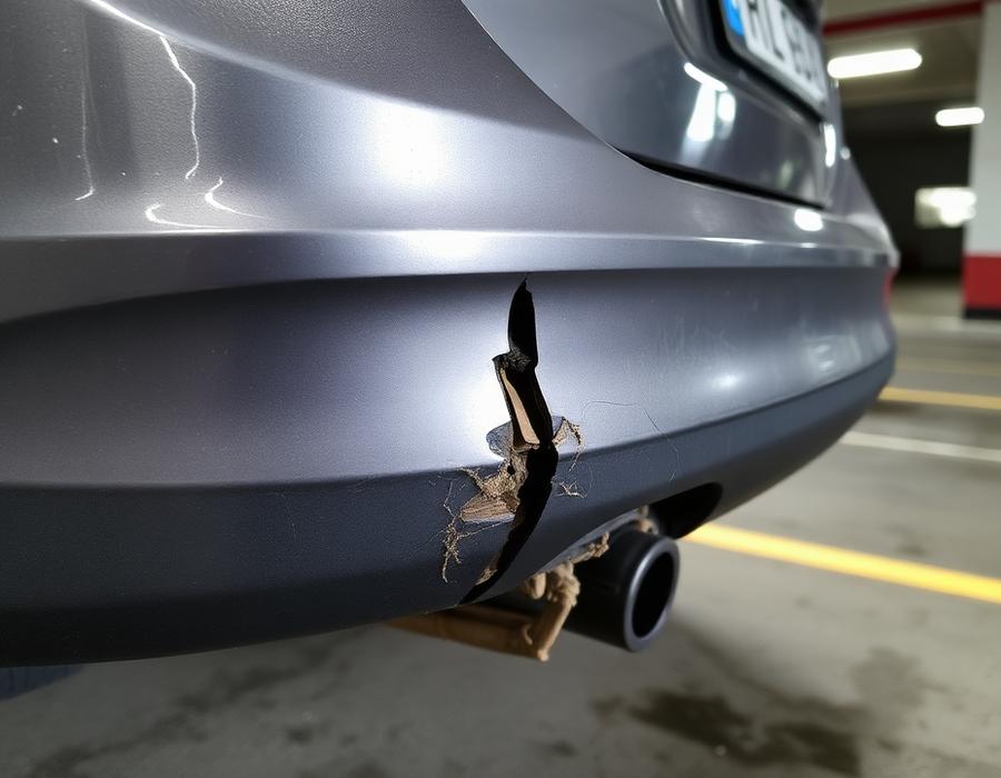 Cracked rear bumper with torn plastic before repair